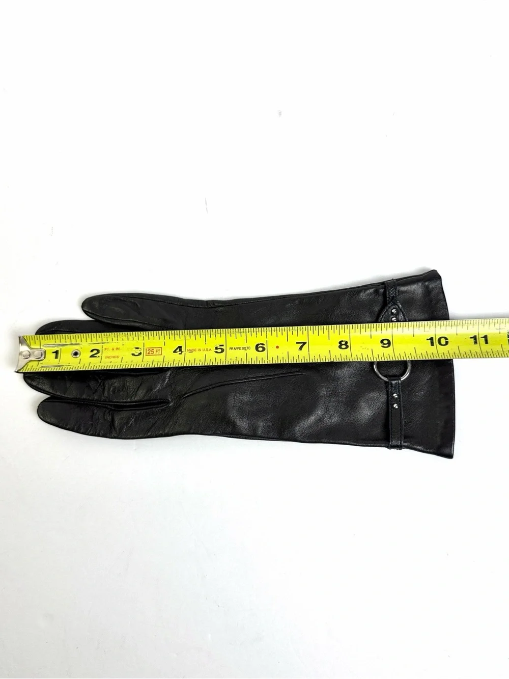 Portolano Black Leather Gloves Silk Lined with O-Ring Stud Details size 7,5